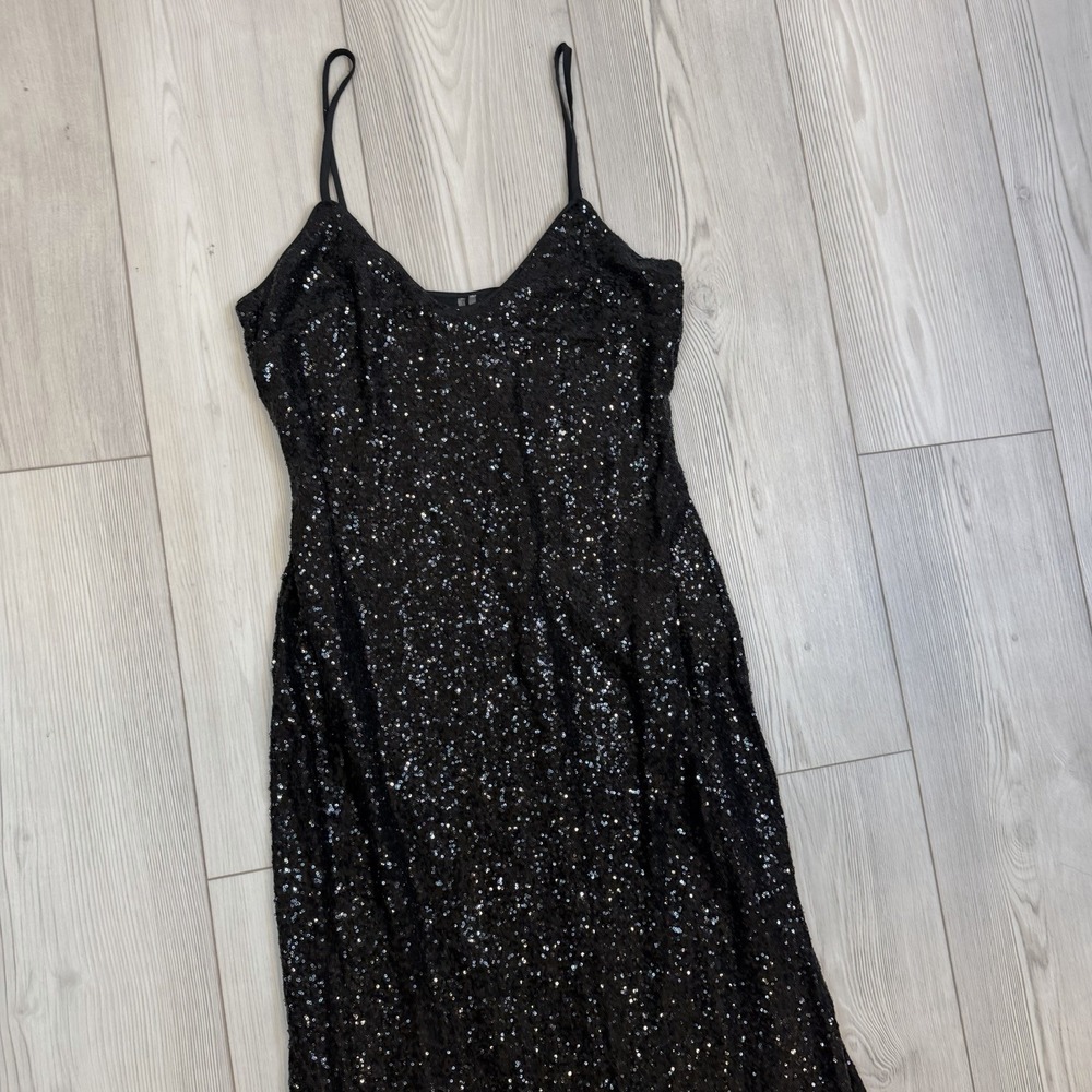 Anthropologie Small Black Sequined V-Neck Slip Dress Adjustable Straps - Picture 4 of 15